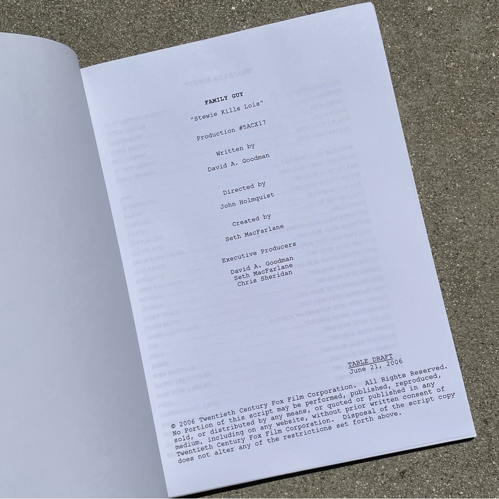 Family Guy 100th Episode SET Stewie Kills Lois Table Draft & Pre Draft Scripts