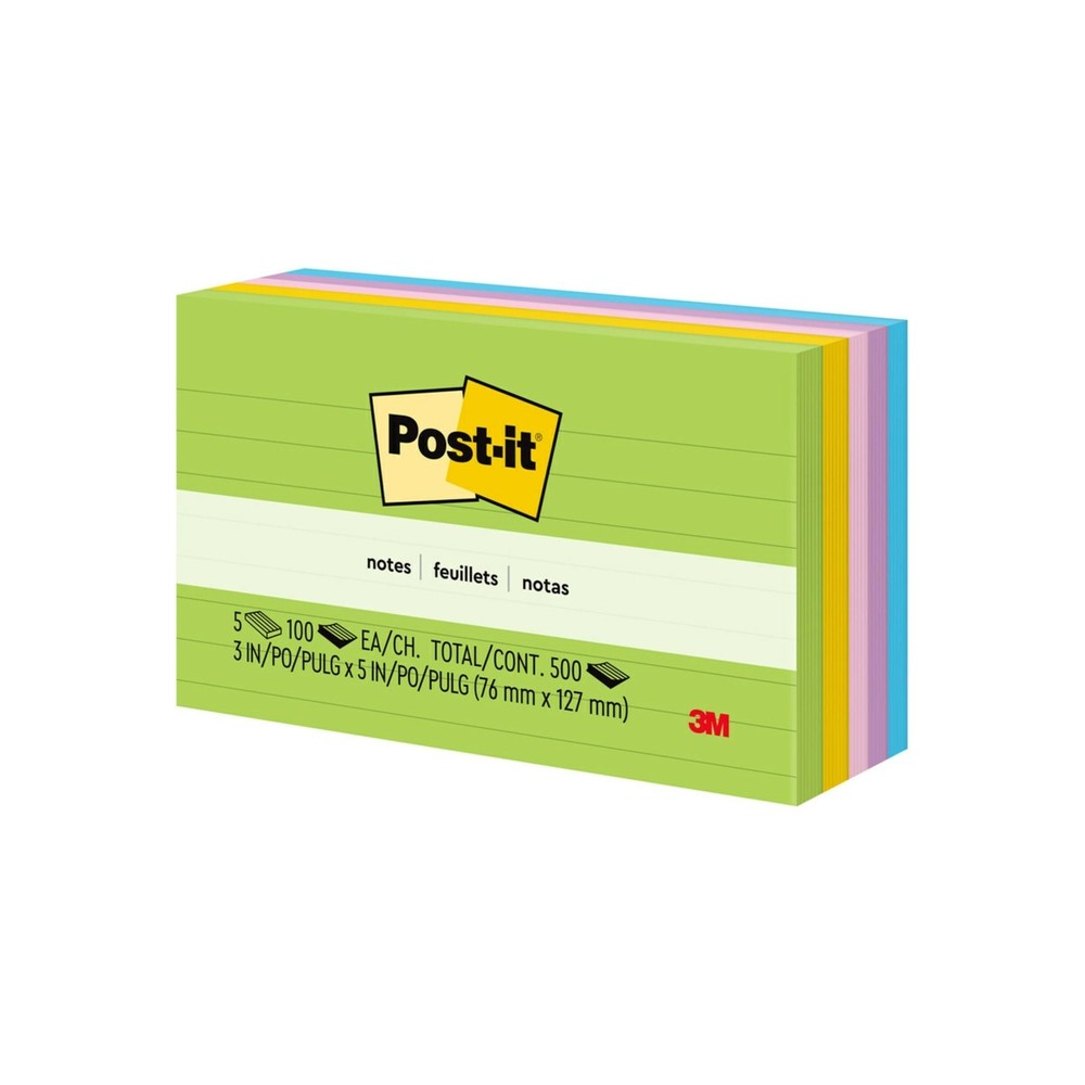 Post-it Notes, 3 in x 5 in, 5 Lined Sticky Notes Pads, 100 Sheets per Pad, Fl...