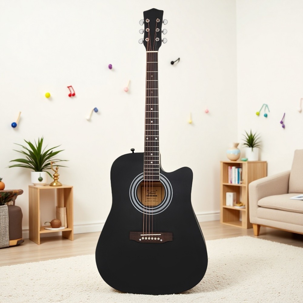 Solid Spruce Top 41-Inch Acoustic Beginner Guitar Set - Cutaway, Matte Black