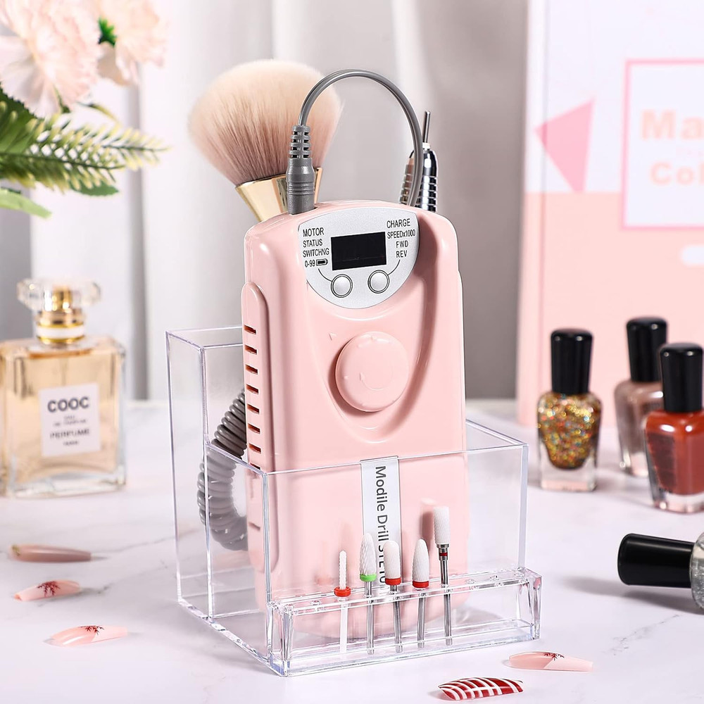 10 Holes Mini Nail Drill Machine & Bits Storage Box Transparent Nail Drill