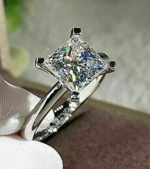 Delicate 2.80Ct Certified Princess Cut White Diamond Solitaire Ring-925 Silver !