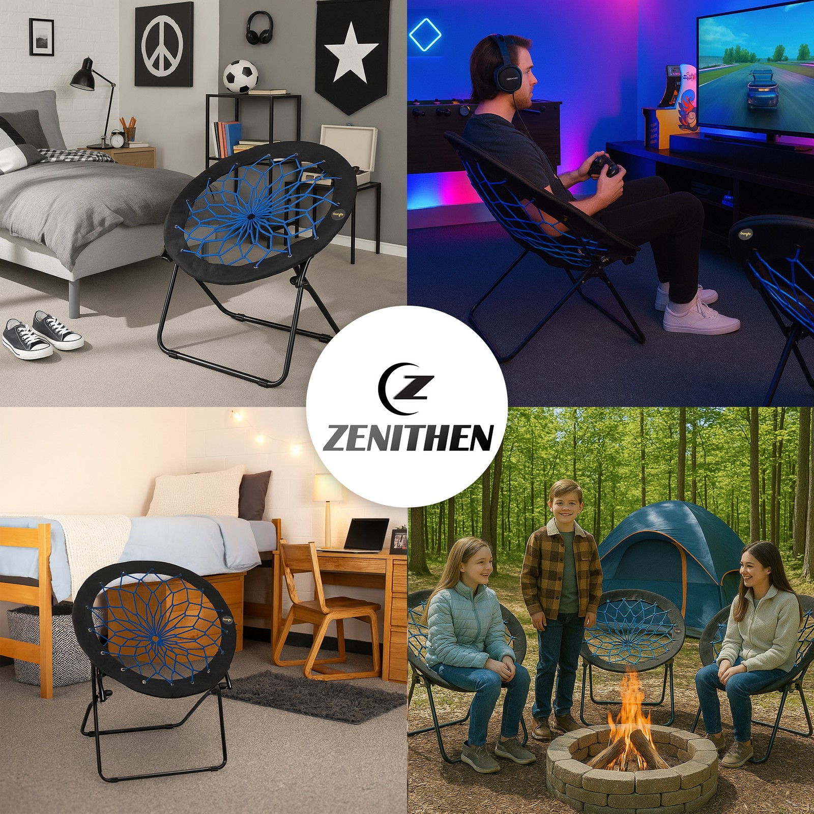 Zenithen Foldable 29” Bunjo Bungee Chair, Indigo (Pack of 1)