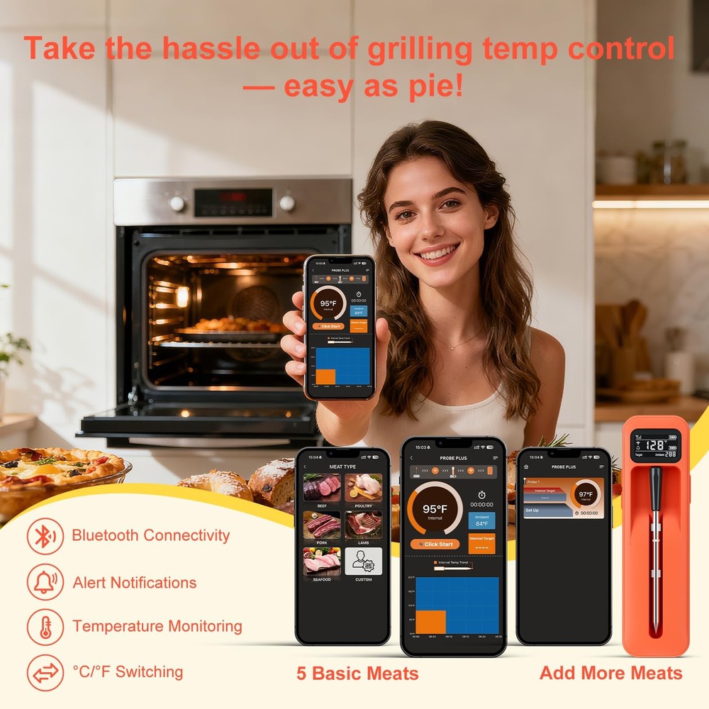 Smart Wireless Digital Meat Thermometer with Ceramic Probe, Food Thermometer ...