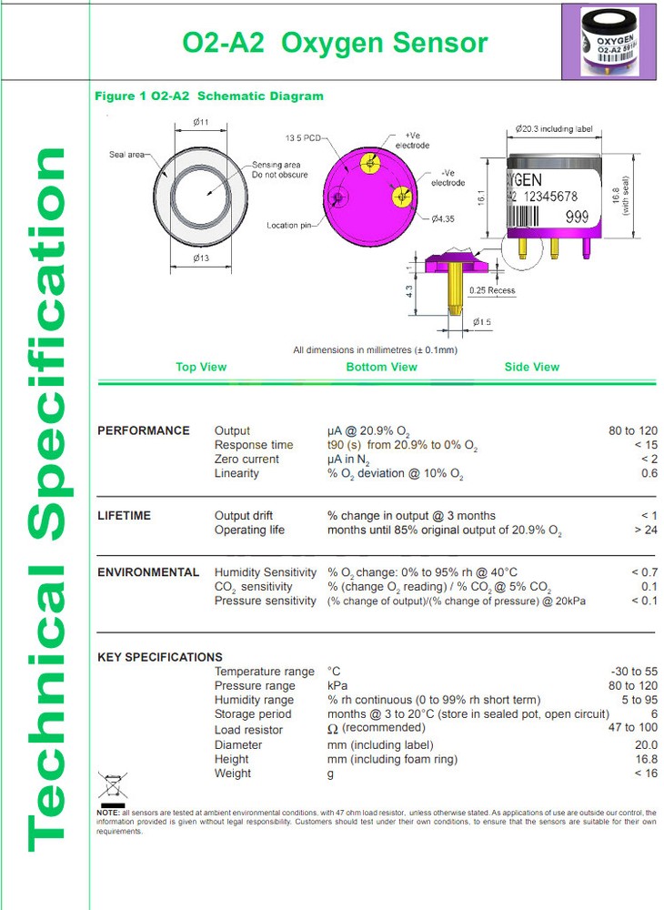 1PC ORIGINAL & Brand New Alphasense Oxygen Sensor O2-A2