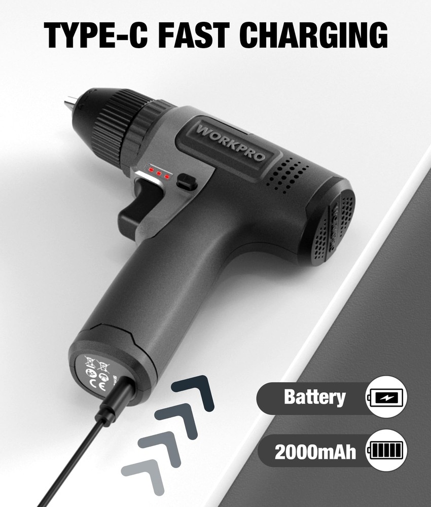 WORKPRO 8V Cordless Drill Set Electric Power Drill 3/8'' Keyless Chuck 15pc Bits