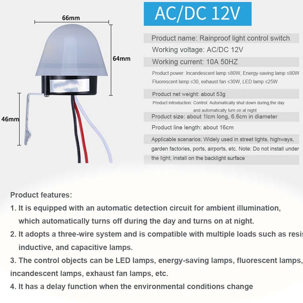 2PCS DC/ AC 12V Auto On Off Light Photocell Switch Control Dark to Dawn Sensor