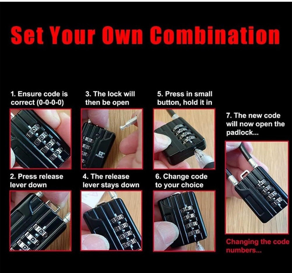 4 Digit Cable Combination Lock 20” (50cm) Flexible - 5 mm Diameter - Black