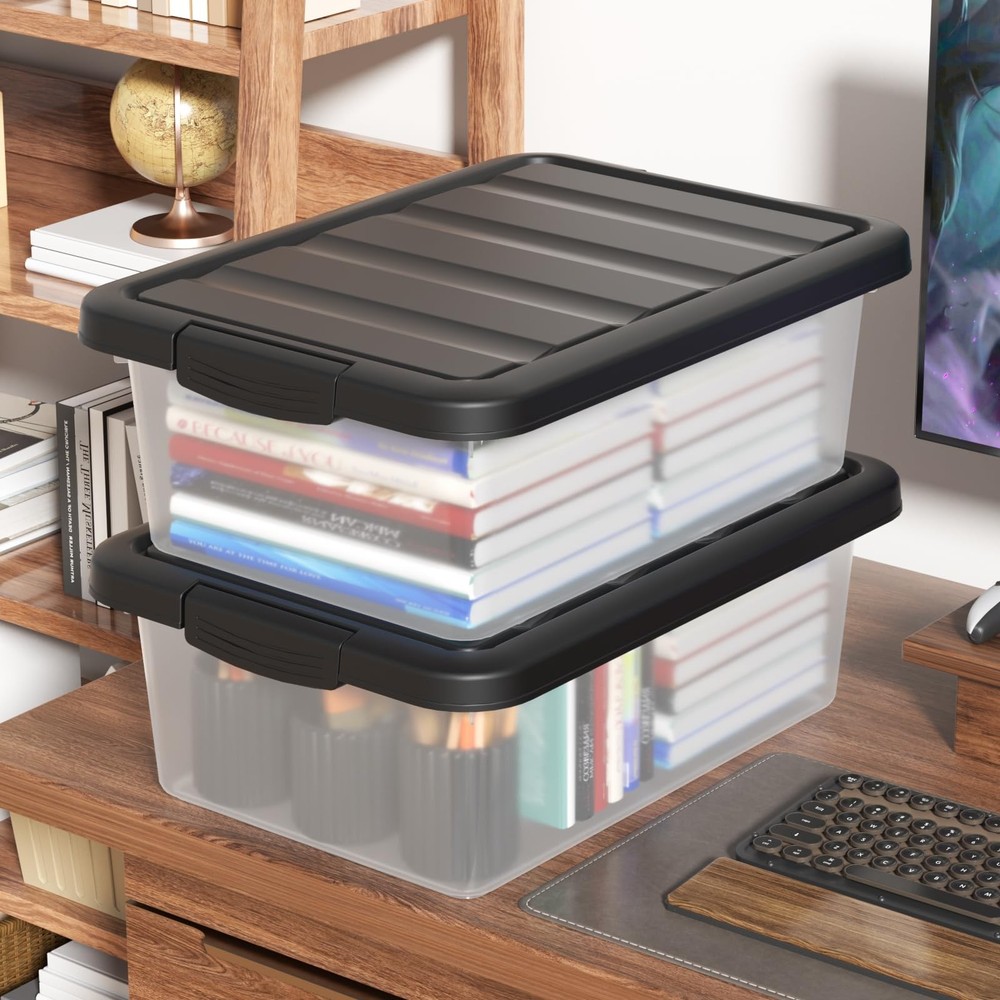 14 Quart Plastic Stackable Storage Bin Clear Box Black Lid Pack of 2 Basic