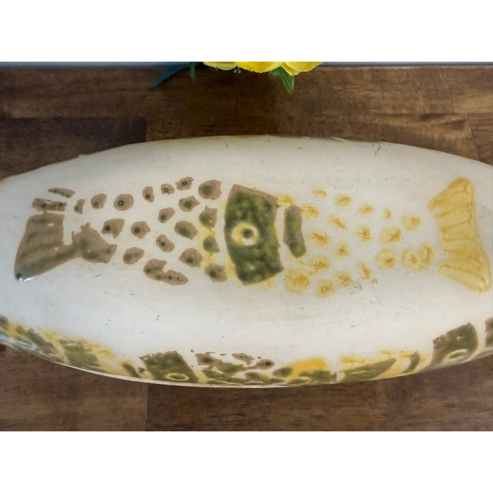 Vintage Fish Shaped Bakeware Covered Dish Ceramic Roaster Rustic Kitchen Decor