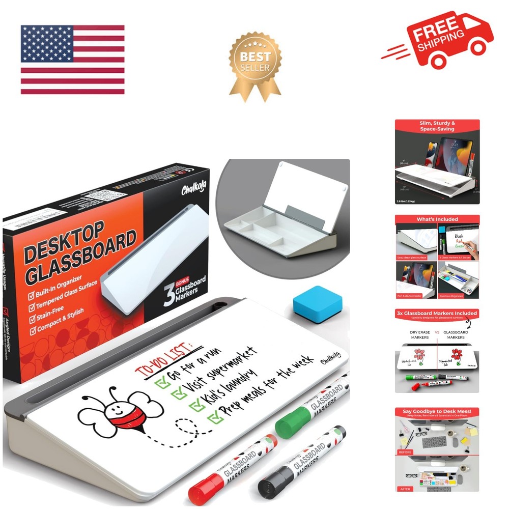 Organization Tool - Glass Desktop Whiteboard with Storage & Markers