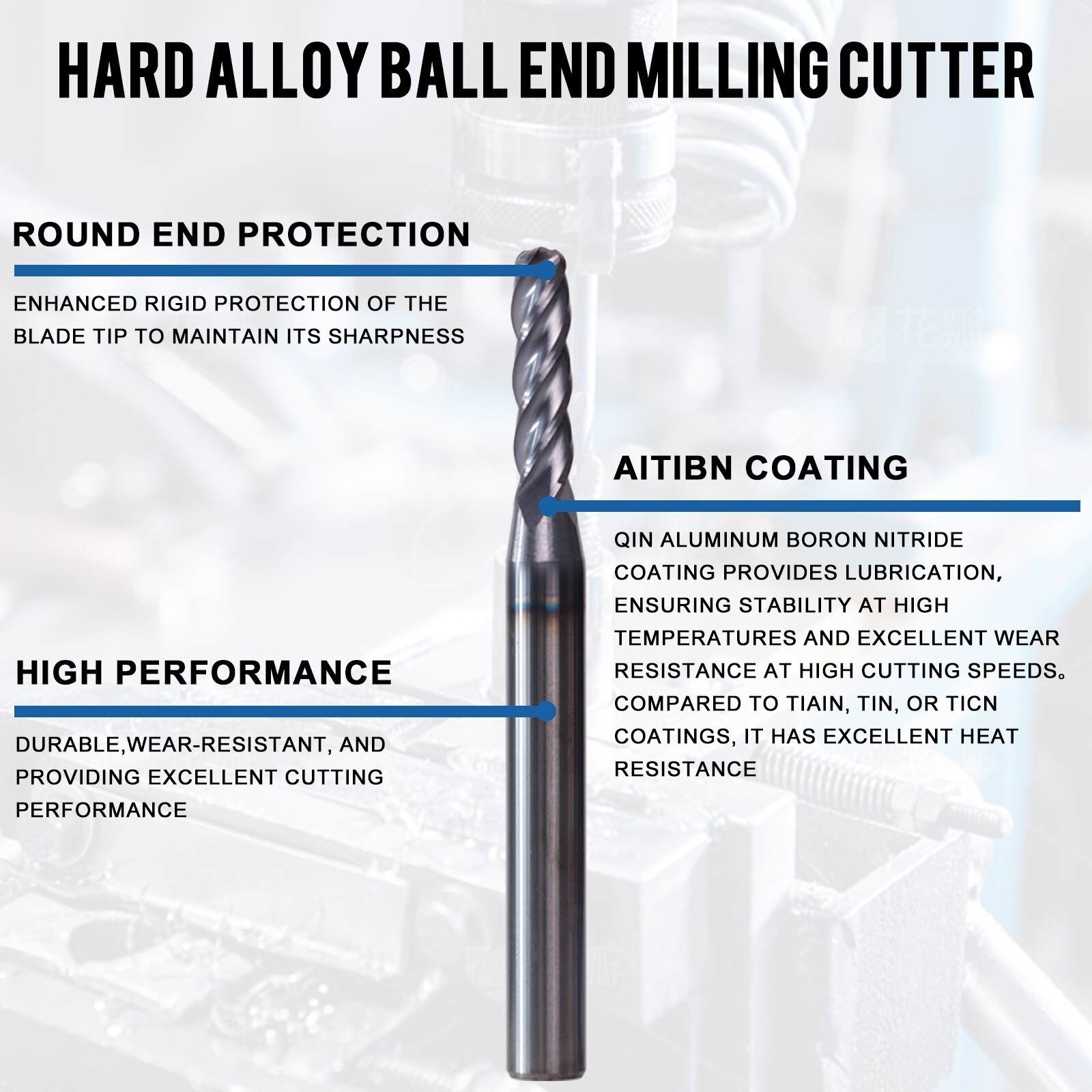 5 PCS 3/32" 4 Flute 1-1/2" Overall Ball Nose Carbide End Mill AlTiN Coated