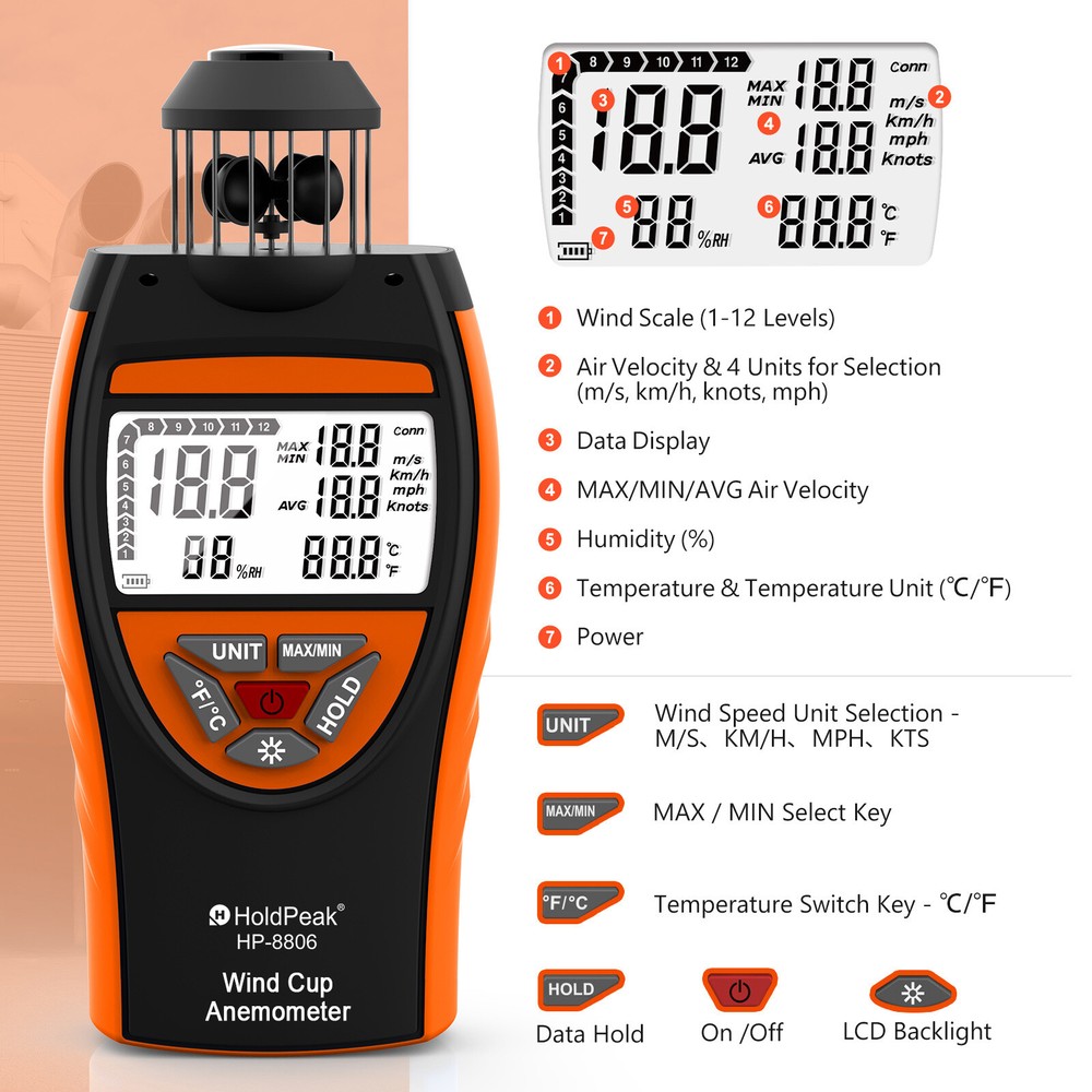 Digital Wind Gauge Cup Anemometer 42m/s Wind Speed Meter with Compass Data Hold