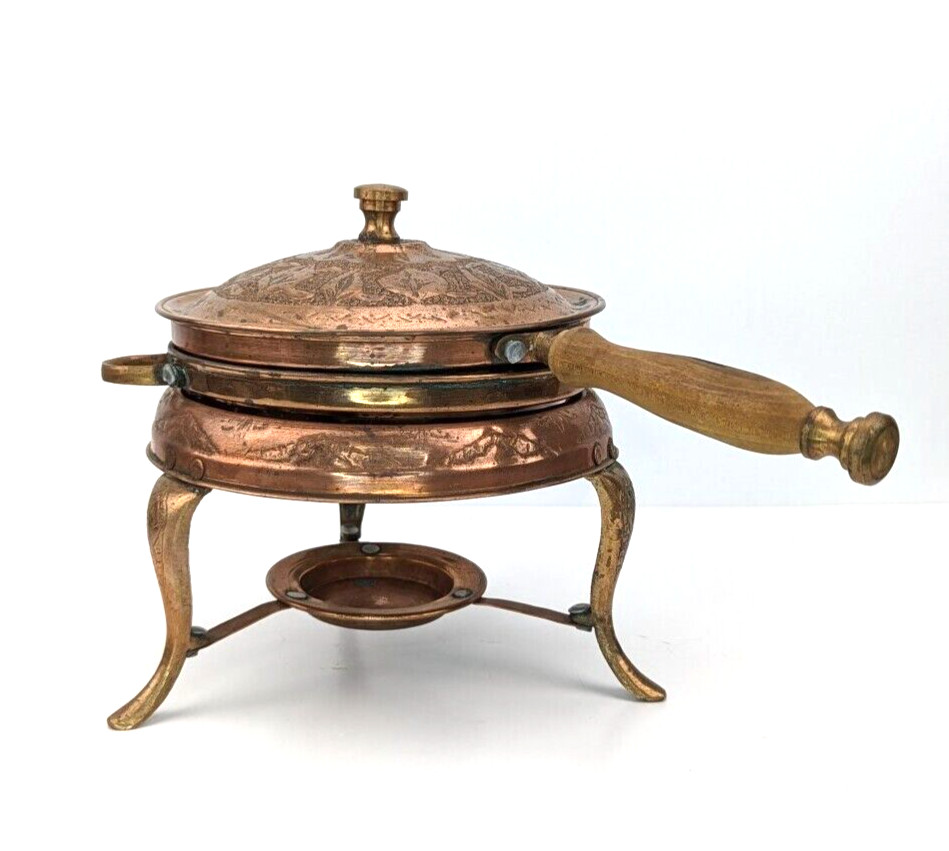 Antique Tinned Hammered Copper Chafing Dish Embossed Arabic / Islamic Maker Mark