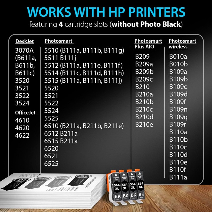 4x Black Ink Cartridge replace for HP 564XL Photosmart 7510 5510 6520 7520 5520