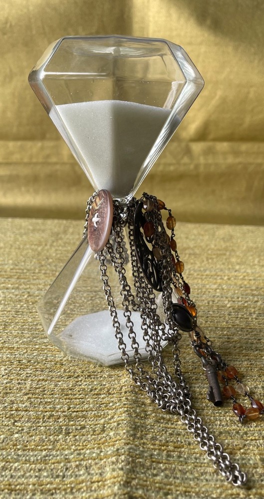 Assemblaged Art Using Modern Hourglass with Vintage Chains Key Button