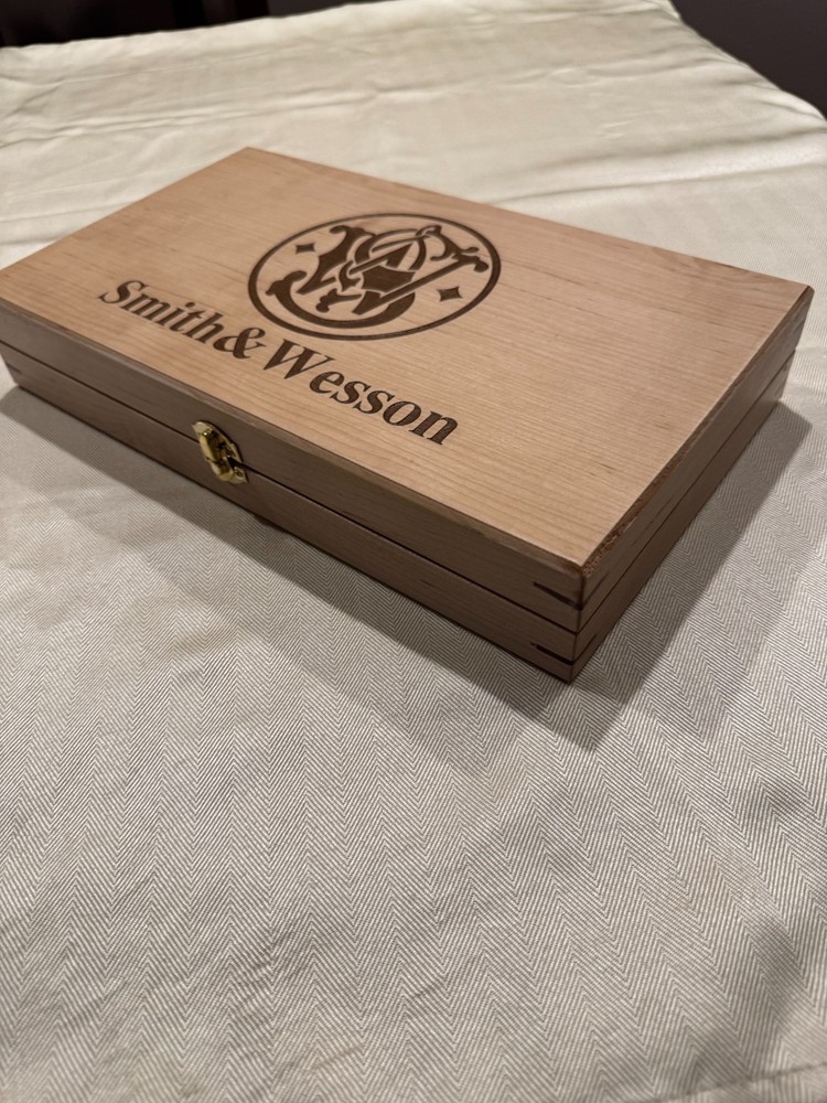 Hand Crafted maple Smith & Wesson wood Storage boxes, gun case, display box.