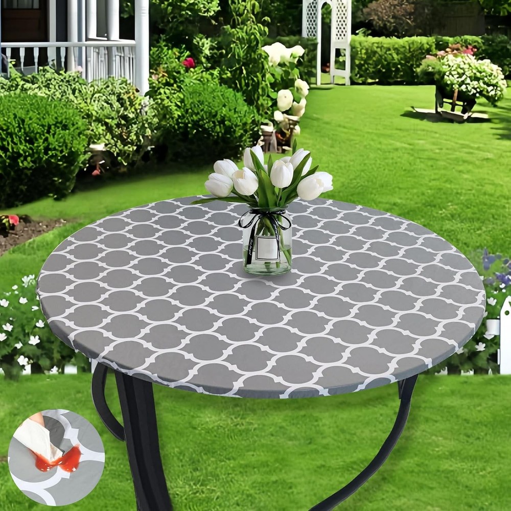 Round Fitted Tablecloth with Elastic - Vinyl Table Cloth for 36"- 48" Tables