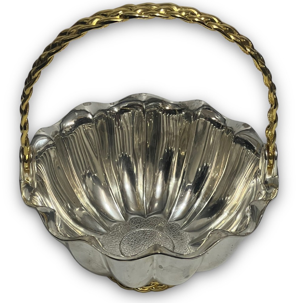 Vintage Silver Plated Basket with Gold Braided Handle and Trim