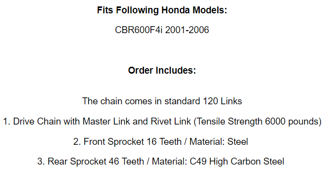 Drive Chain And Front Rear Sprockets Kit For Honda CBR600F4I 2001 2002 2003-2006