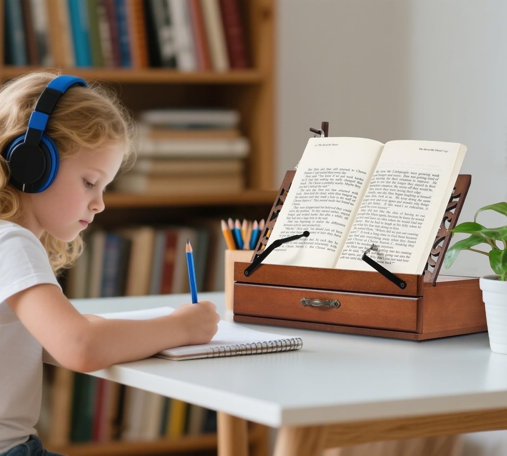 Adjustable Wooden Book Stand with Storage - Multi-Function Hands Free Brown