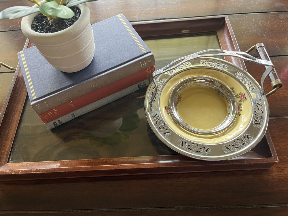 Vintage Provincial Ware Floral Bowl Silverplate Serving Caddy w Handle Insert