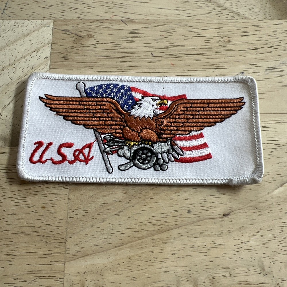 USA Flag Harley Davidson Eagle Logo Patch White with Red Lettering