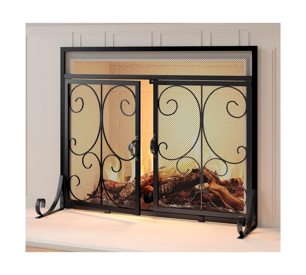 Flat Fireplace Screen with Doors,Solid Wrought Iron Frame with Metal Mesh, Fl...