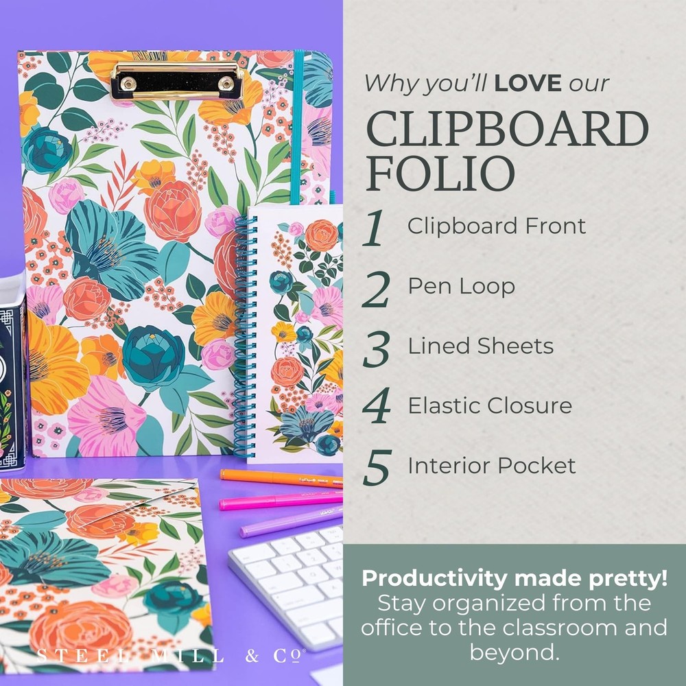 Steel Mill & Co Cute Clipboard Folio with Refillable Lined Notepad and Interi...