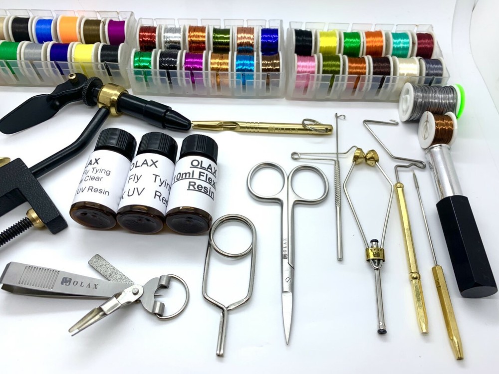 Olax Kodiak Fly Tying Tool & Material Kit, Floss, Tinsel, Thread, Glue