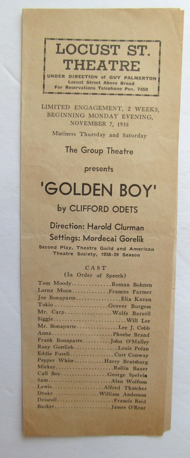 Program:  Golden Boy - Philadelphia November 1938 -Odets, Kazan