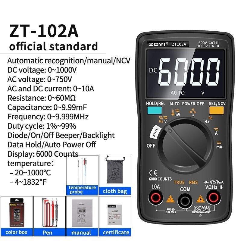 Digital Multimeter Auto Ranging Smart LCD Diode Tester AC/DC 6000 Counts T-RMS