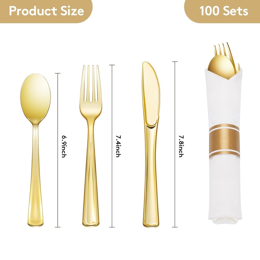 Goodluck 100 Pack Pre Rolled Gold Plastic Silverware, Wrapped Plastic Cutlery...