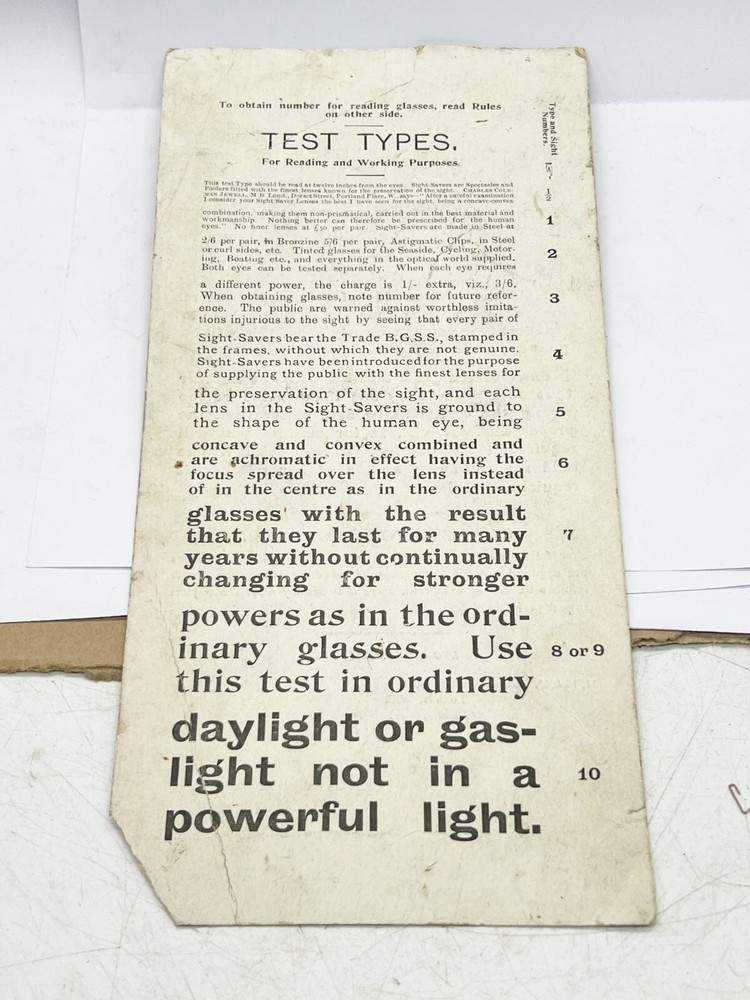 VINTAGE EPHEMERA READING GLASSES RULES TEST TYPES OPTICIANS CARD