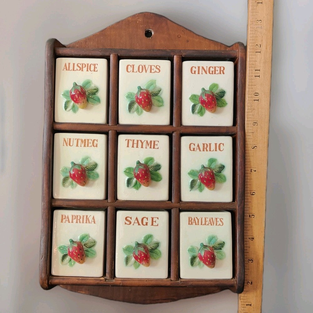 Wood Wall Spice Rack Ceramic Drawers 3D Strawberry Pulls/Knobs Cottage Core Vtg