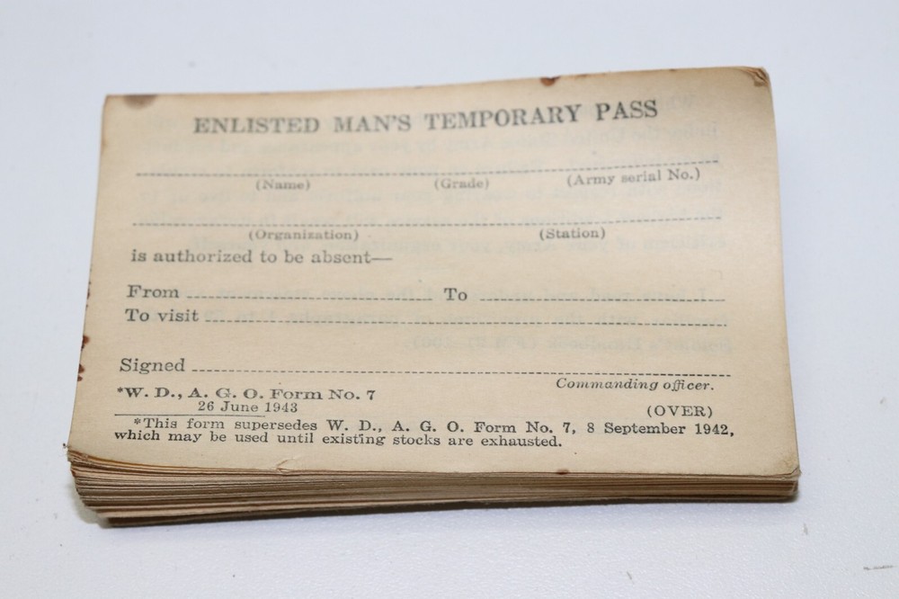 WWII US Enlisted Man's Temporary Pass form no 7 (26 June 1943) each E4366