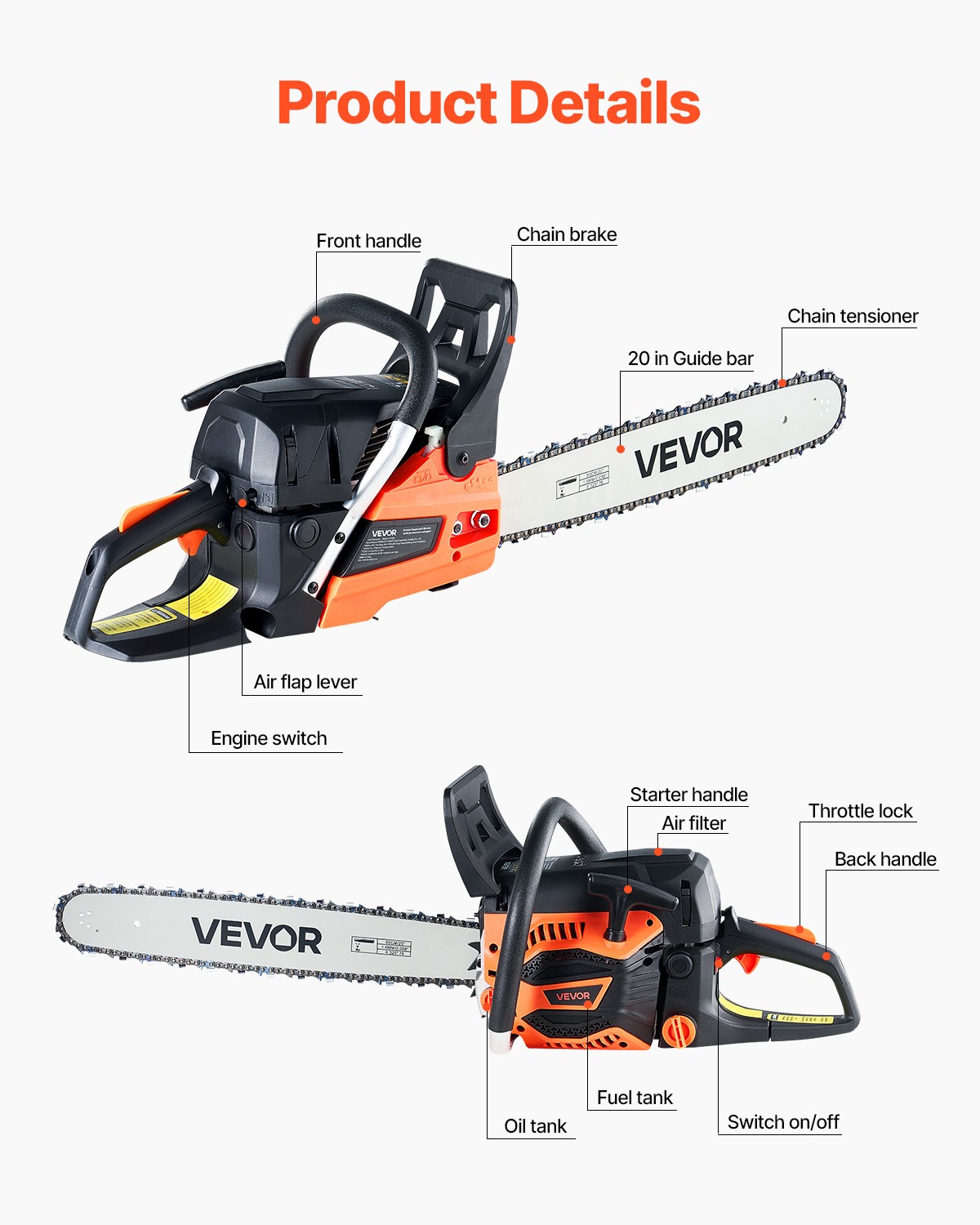 VEVOR 62cc Gas Chainsaw 3.8 HP Gas Powered 20 inch Chainsaw For Wood Cutting