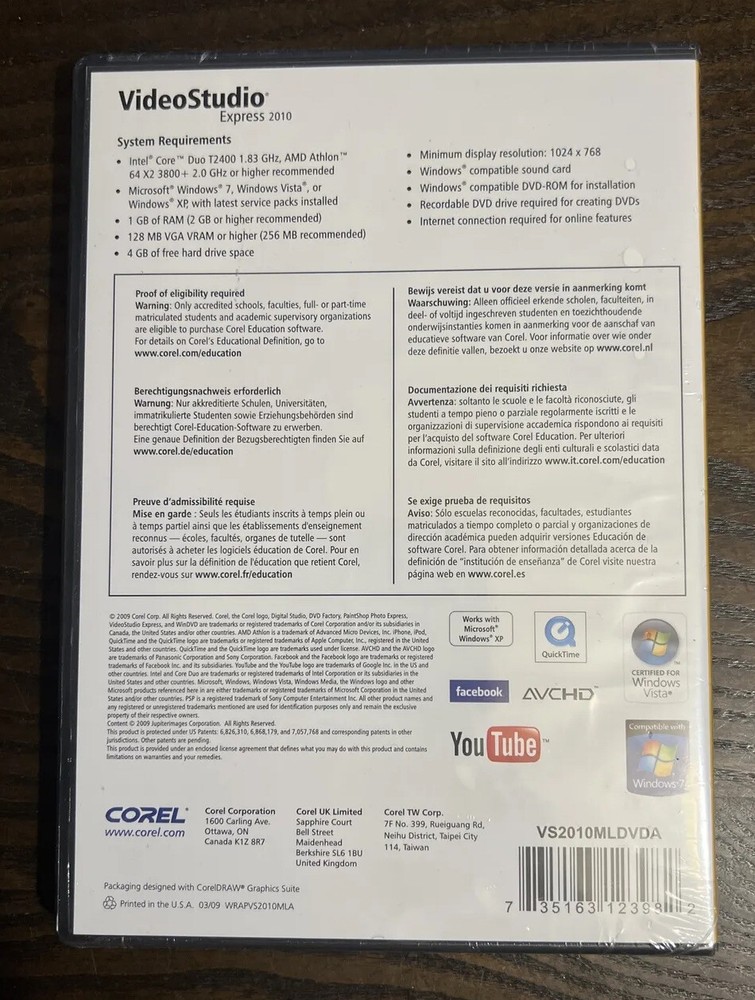 Corel Video Studio Express 2010 Education Edition New Sealed Computer Software