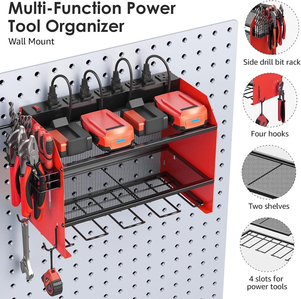 Modular Power Tool Organizer Wall Mount Garage 4 Drill Storage Shelf with Hooks