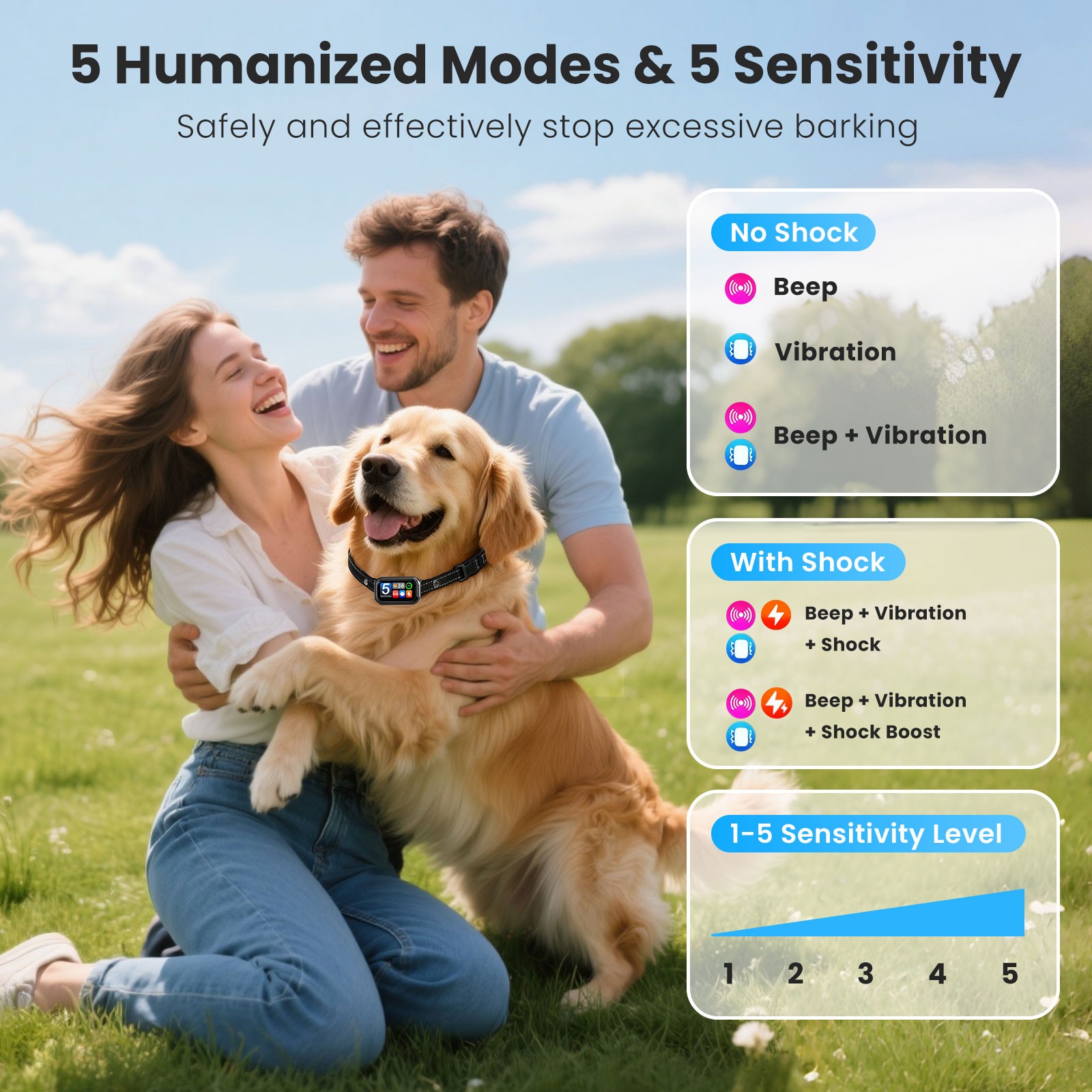 Dog Bark Collar 5 Training Modes Accidental Triggering for 10-120 lbs Dogs NEW