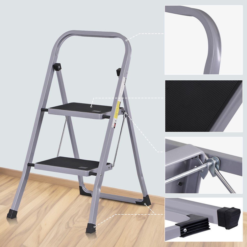 2 Step Ladder Folding Step Stool with Convenient Handgrip Handle 380 lbs Gray