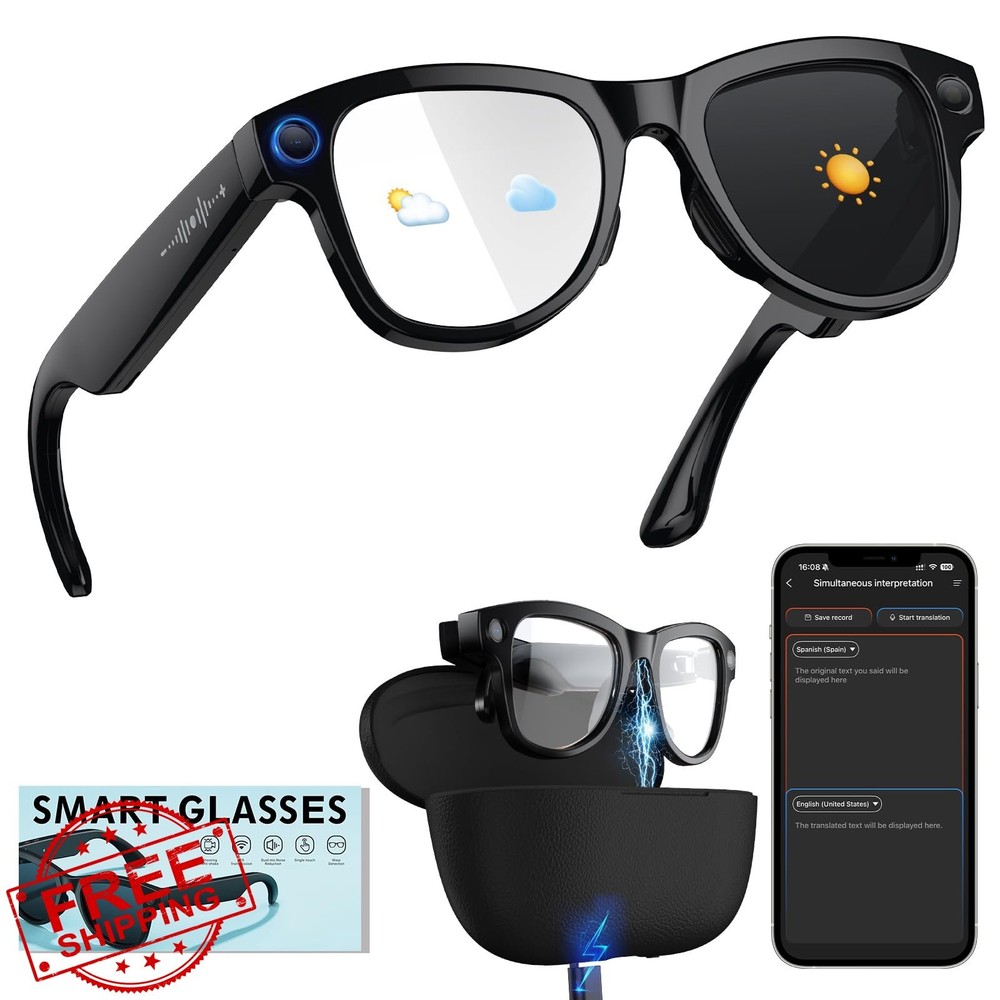 Smart Glasses w/ 4K Camera, Bluetooth, AI, Transition Lenses - Touch Control