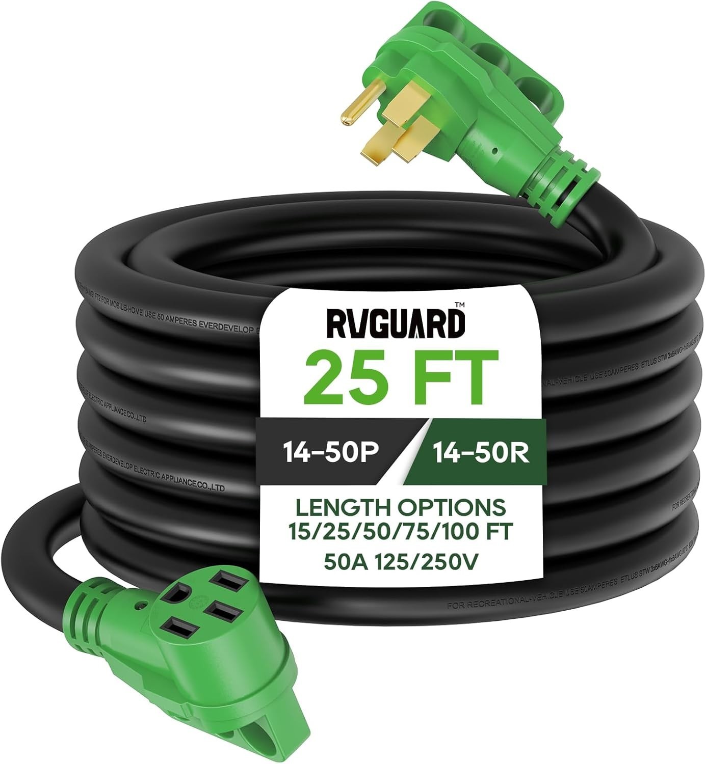 RVGUARD 50 Amp 25 Foot RV/EV Extension Cord, NEMA 14-50P/R Heavy Duty Cord