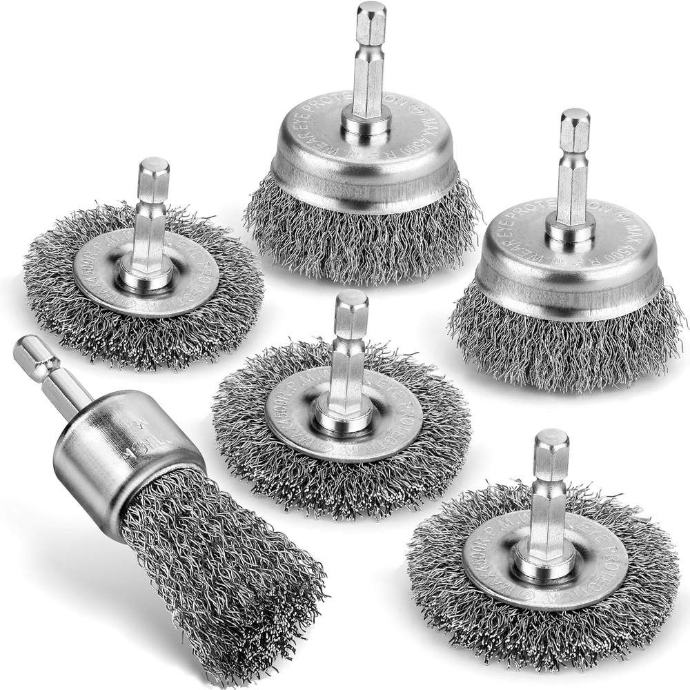 6Pc Wire Brush Set 1/4 Hex Shank Drill Rust Removal Wheel Cup Pen Kit