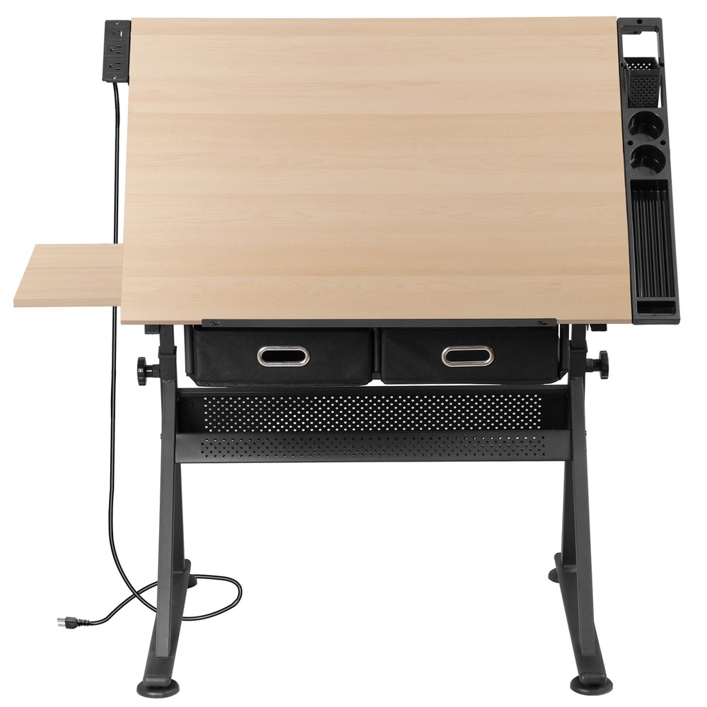 Drafting Desk Drawing Table Adjustable w/ Stool Arts & Charging Station Natural