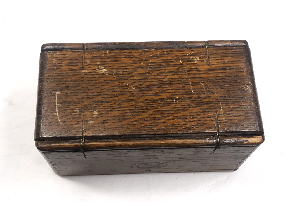 1889 Singer Sewing Machine Oak Folding Box with Some Attachments
