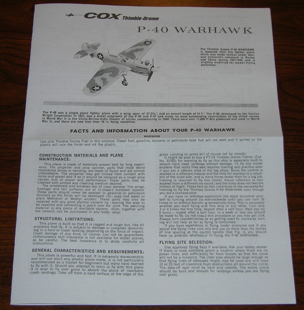 COX THIMBLE DROME .049 P-40 WARHAWK MANUAL FLIGHT INSTRUCTIONS 049