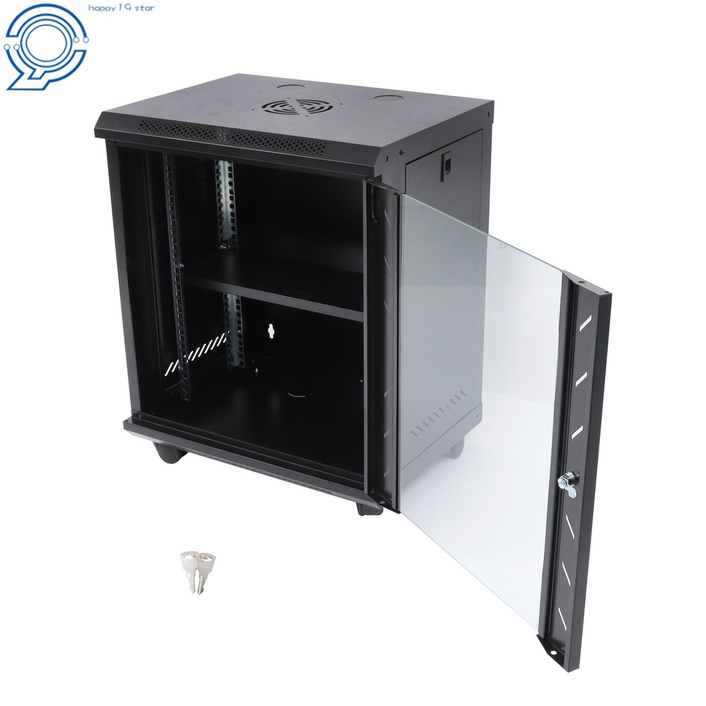 Enclosed Server Rack 12U 15.5" Deep, Secure Lock Glass Front & Sides