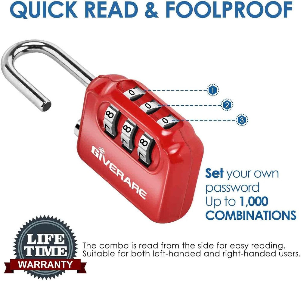 GIVERARE 2 Pack Combination Lock, 3-Digit Padlock Keyless, Small, Blue+Red