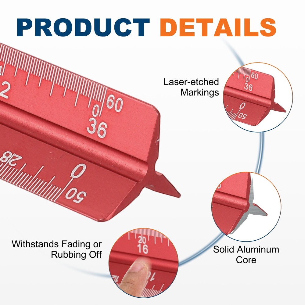 7 Inch Imperial Architectural Triangular Scale Ruler Large Scale, Red