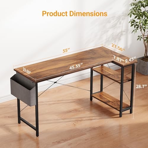 L Shaped Desk, 55" Computer Table with Reversible Storage 55 inch Brown